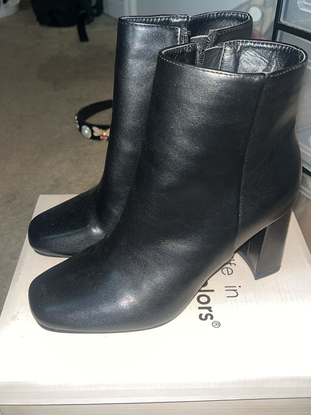 Women's Black Leather Block Heel Ankle Boots